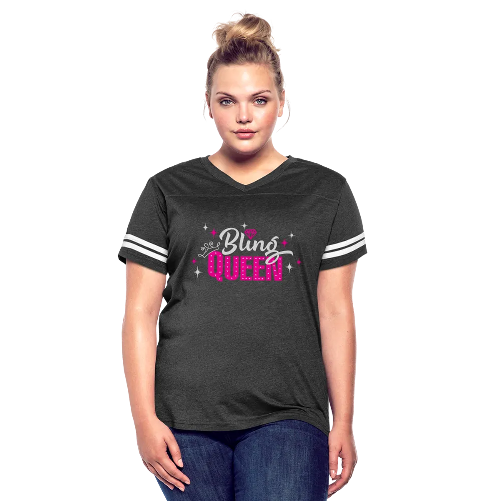 Bling Queen Striped Sleeve Women’s Vintage Sporty V-Neck T-Shirt