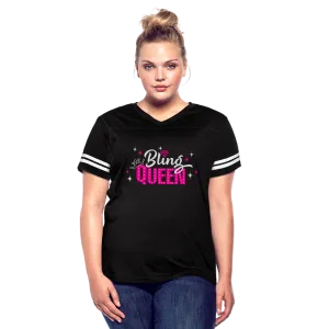 Bling Queen Striped Sleeve Women’s Vintage Sporty V-Neck T-Shirt
