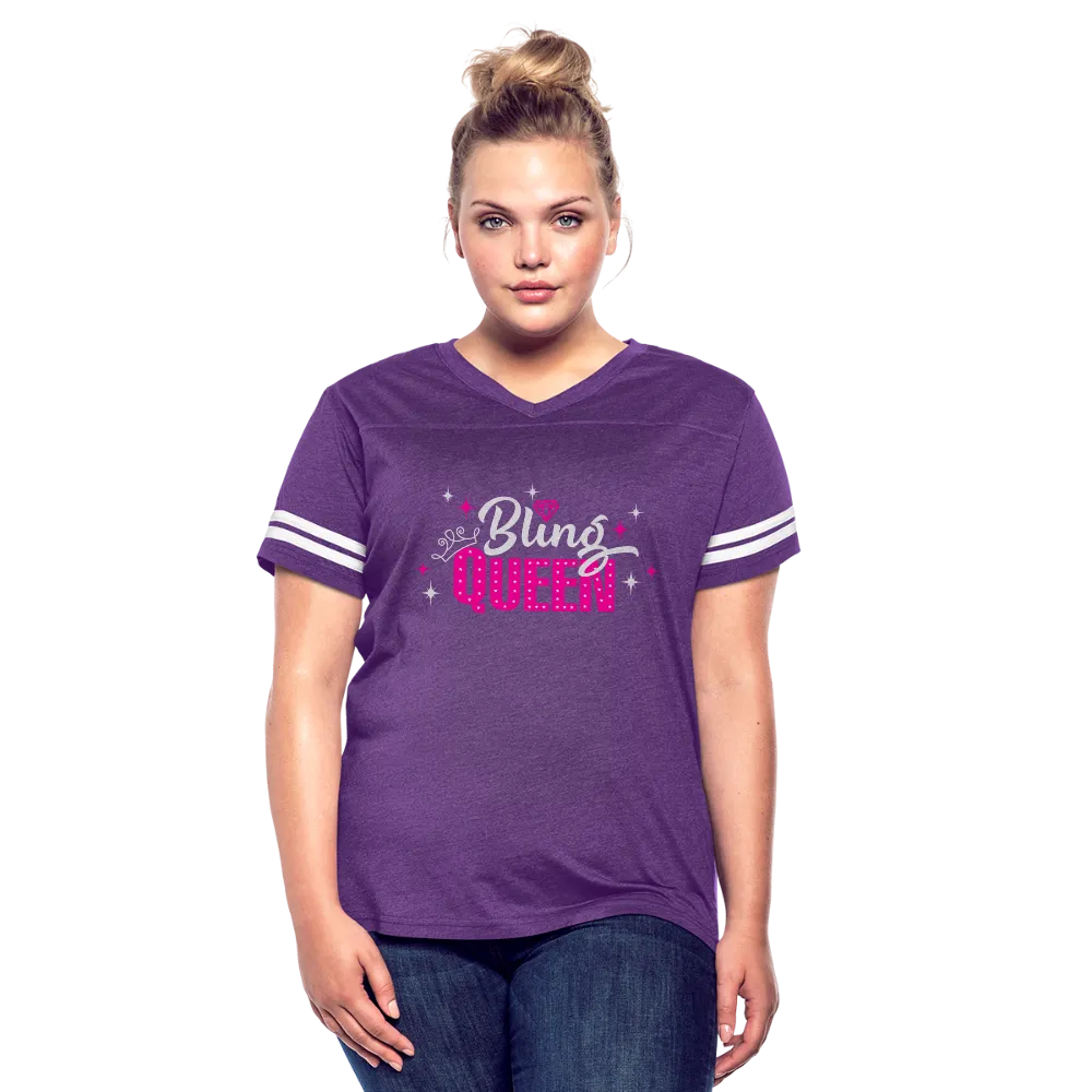 Bling Queen Striped Sleeve Women’s Vintage Sporty V-Neck T-Shirt