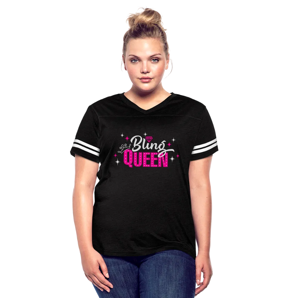 Bling Queen Striped Sleeve Women’s Vintage Sporty V-Neck T-Shirt