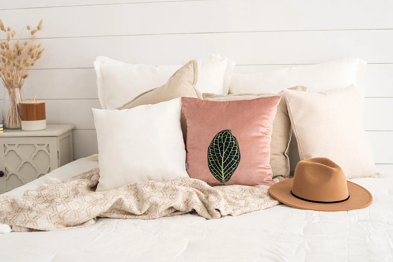 Blush Velvet Mosaic Leaf Pillow, College Student Gift, Mother's Day Gift,Christmas Gift