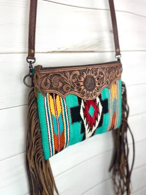 Bold Turquoise Native Pattern Tooled Fringe / Wool Medium Bag
