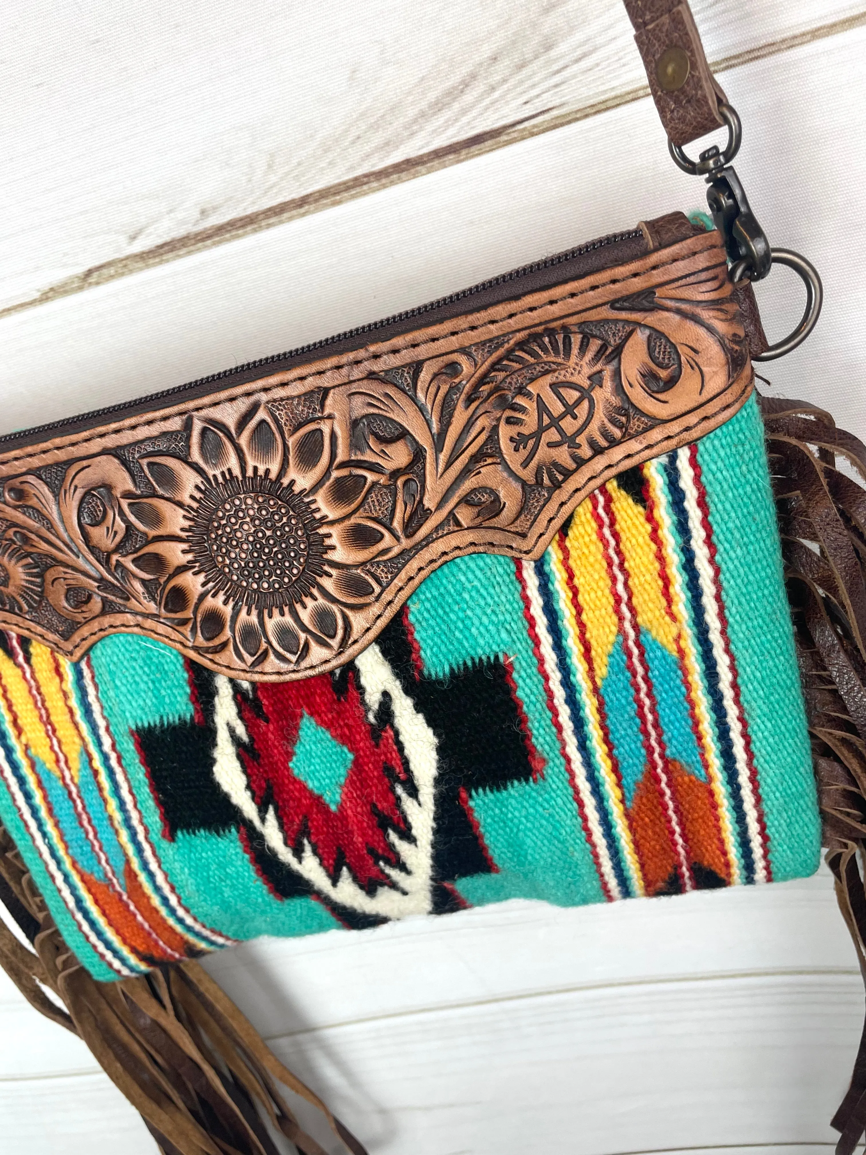 Bold Turquoise Native Pattern Tooled Fringe / Wool Medium Bag