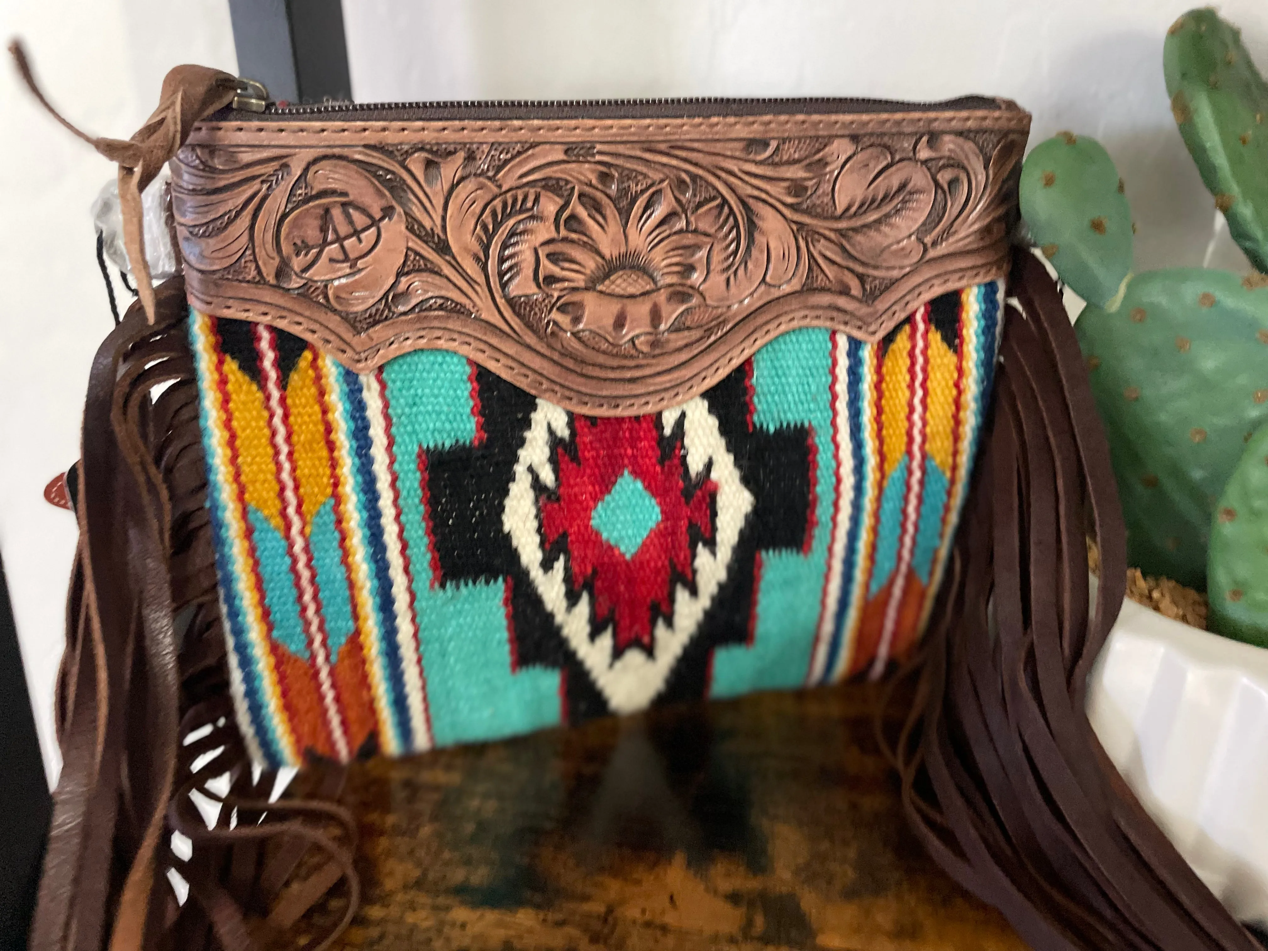Bold Turquoise Native Pattern Tooled Fringe / Wool Medium Bag