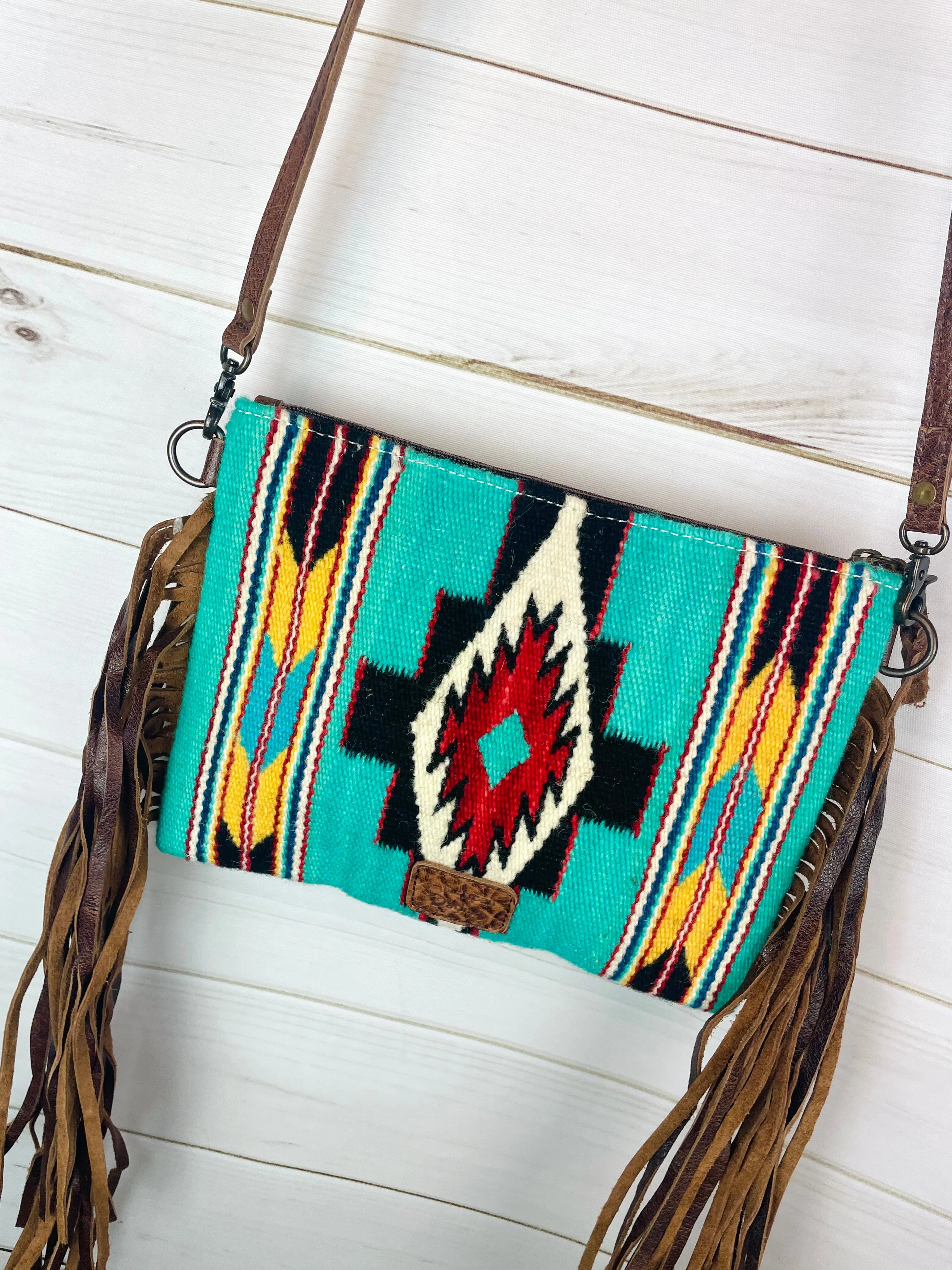 Bold Turquoise Native Pattern Tooled Fringe / Wool Medium Bag