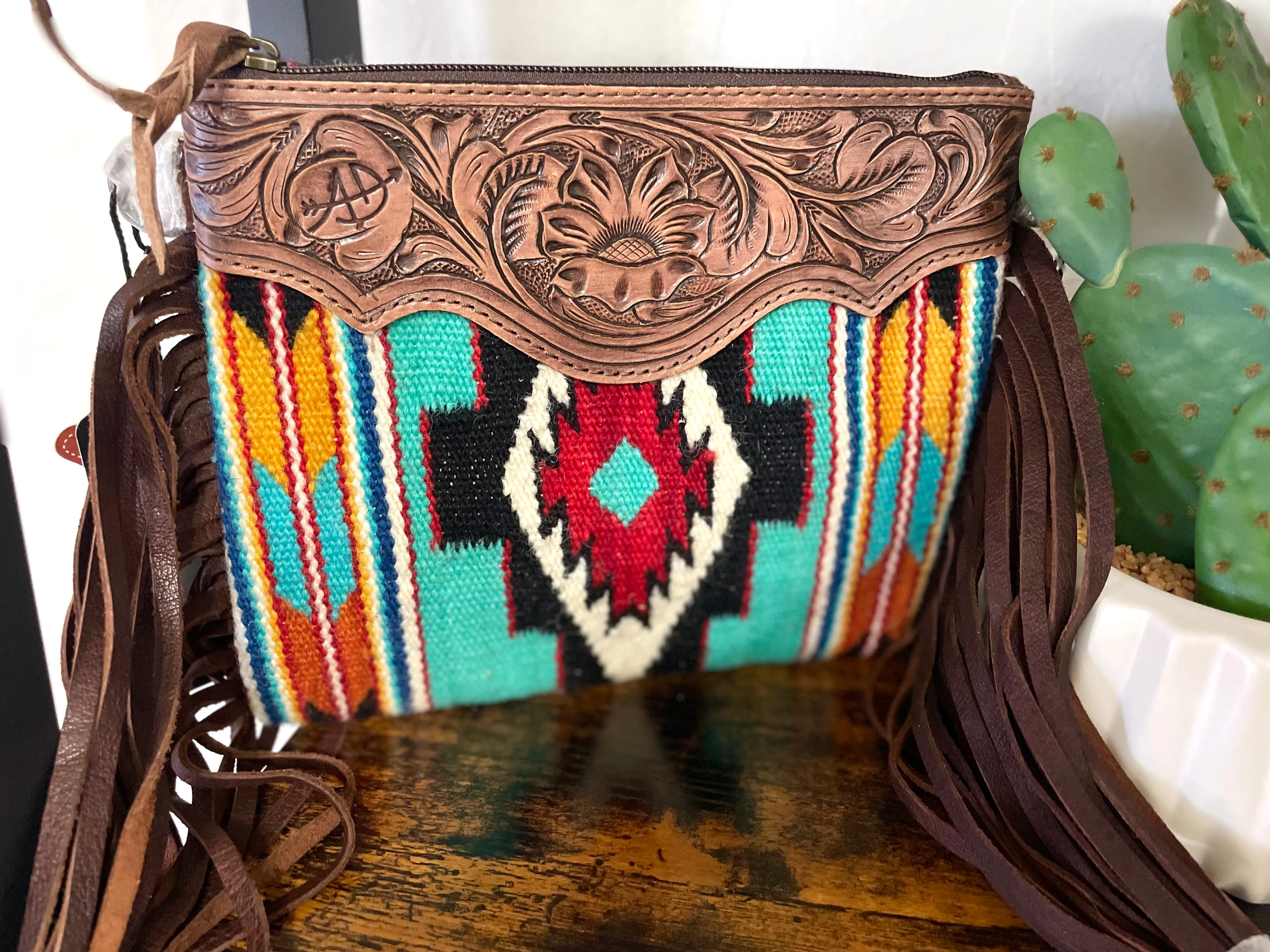 Bold Turquoise Native Pattern Tooled Fringe / Wool Medium Bag
