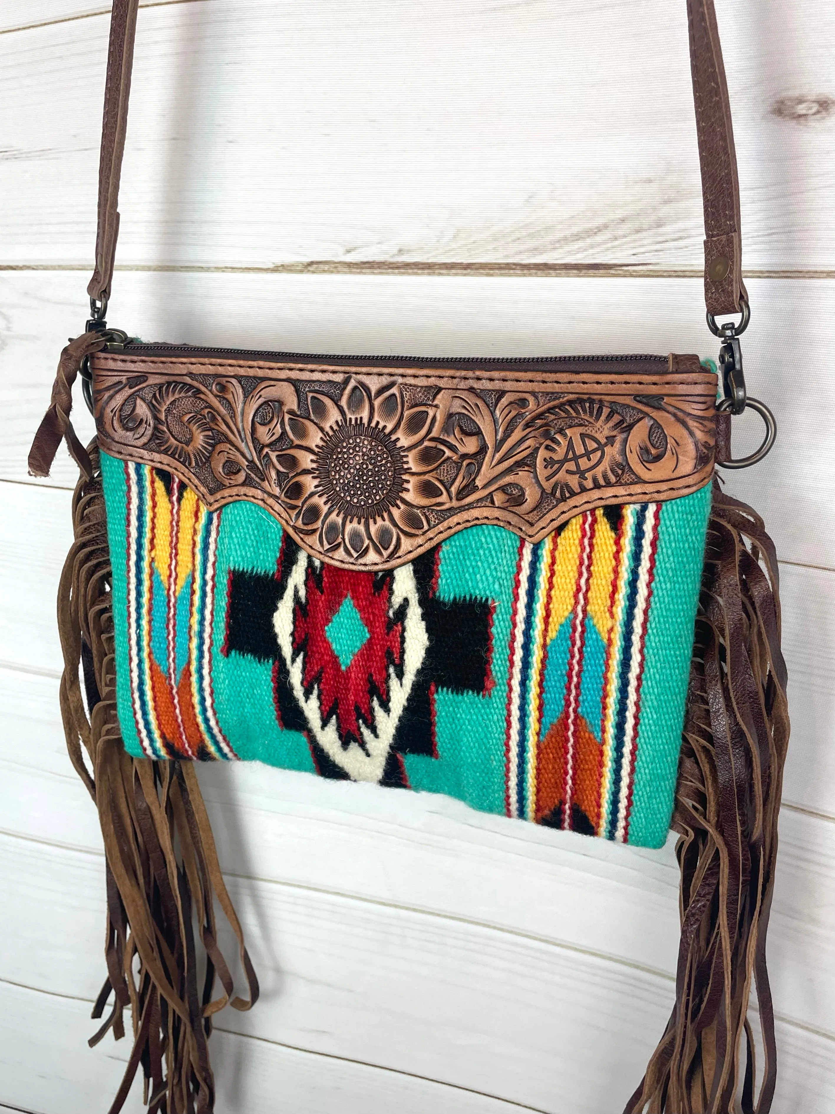 Bold Turquoise Native Pattern Tooled Fringe / Wool Medium Bag
