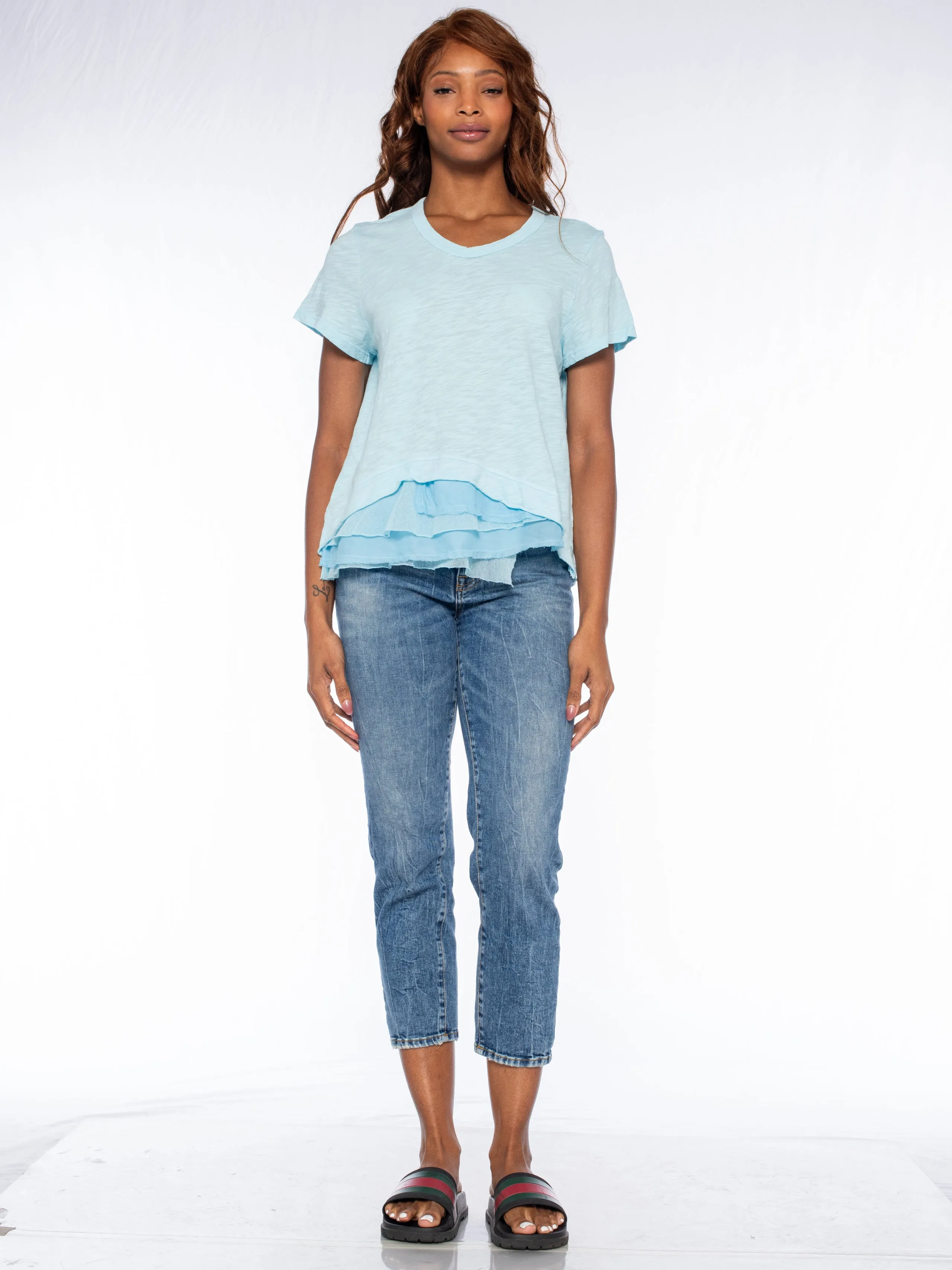 Boxy Short Sleeve Slub Crew Tee Mixed Fabric Hem