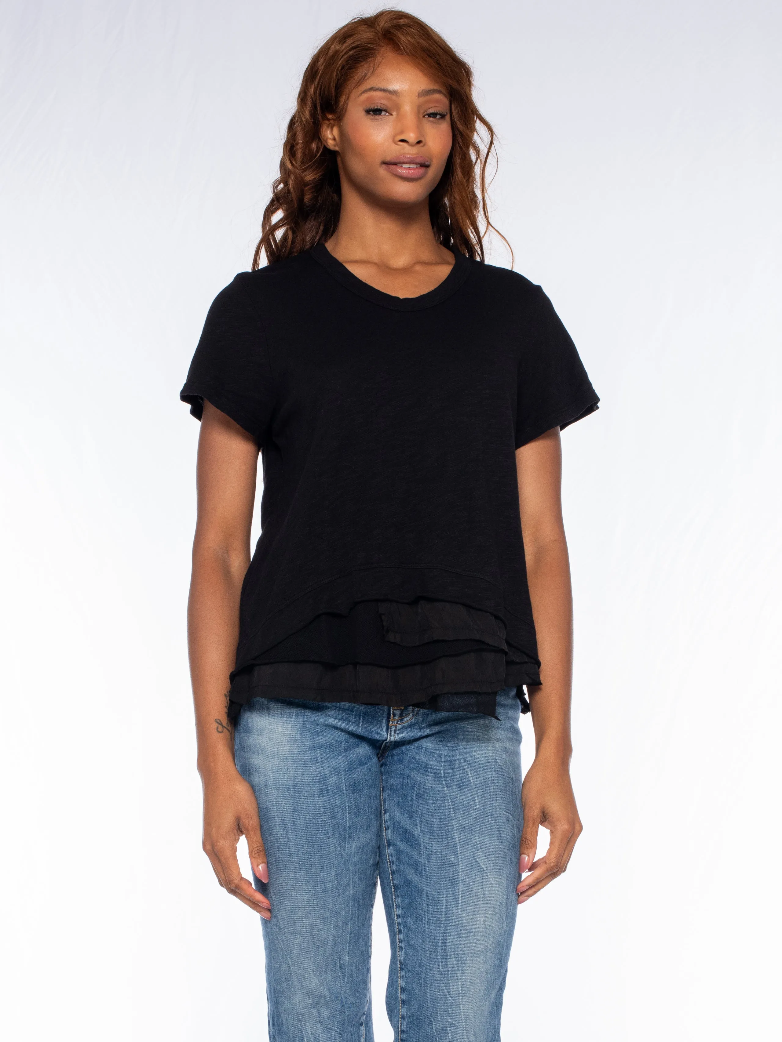 Boxy Short Sleeve Slub Crew Tee Mixed Fabric Hem