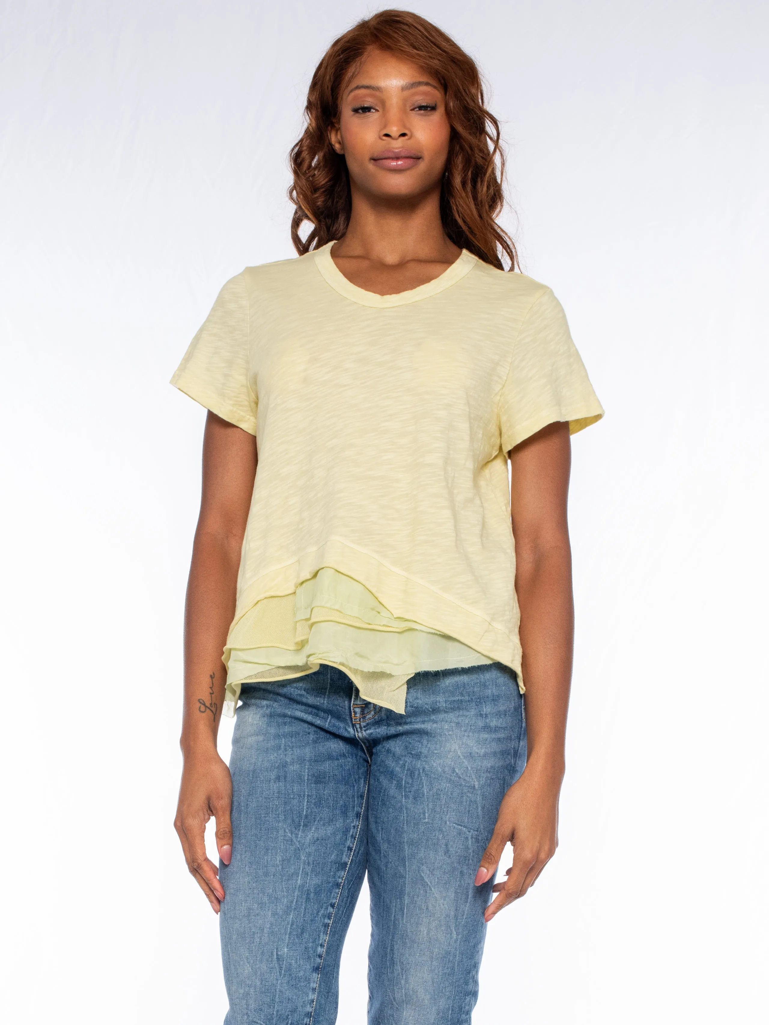 Boxy Short Sleeve Slub Crew Tee Mixed Fabric Hem