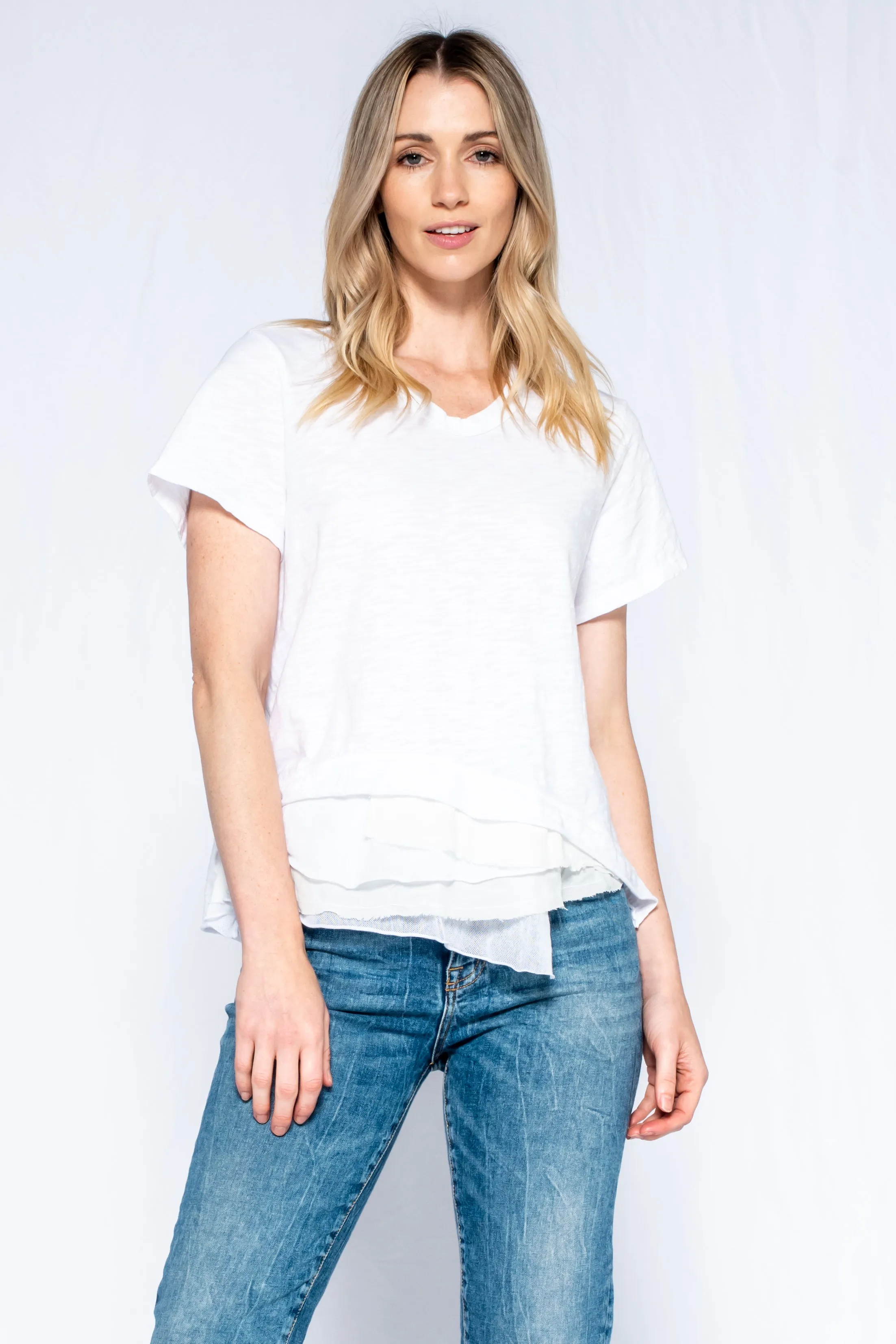 Boxy Short Sleeve Slub Crew Tee Mixed Fabric Hem