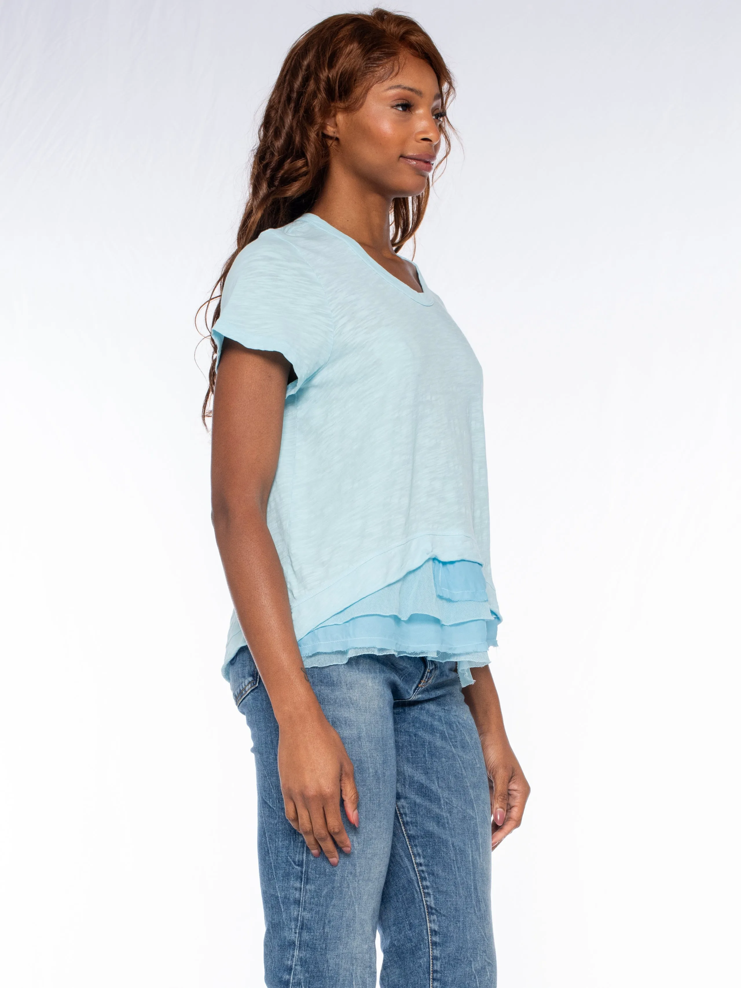 Boxy Short Sleeve Slub Crew Tee Mixed Fabric Hem