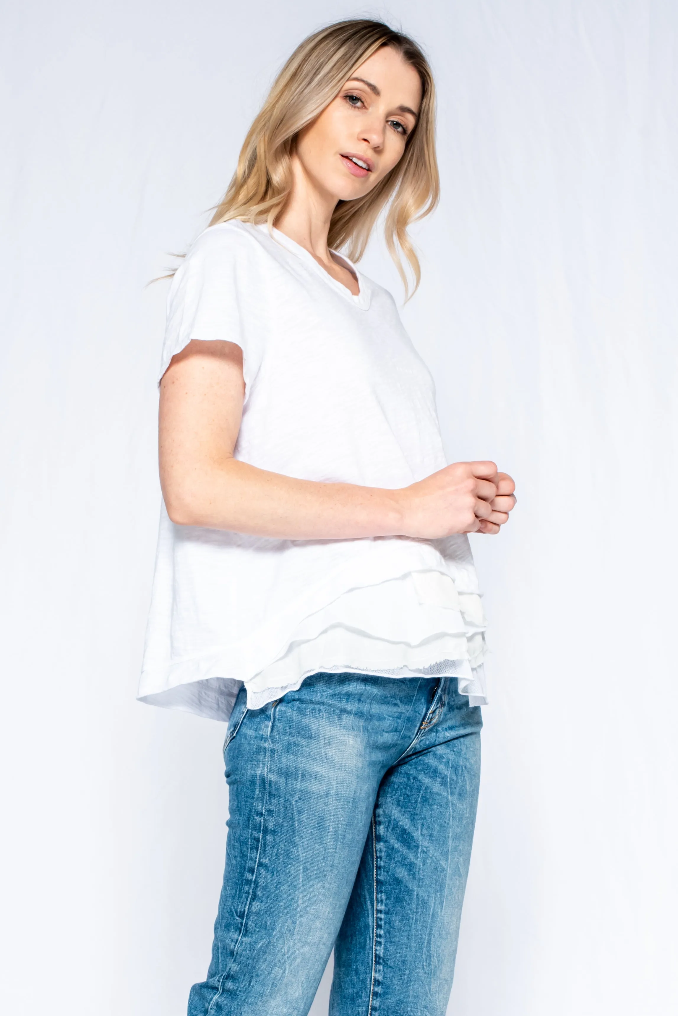 Boxy Short Sleeve Slub Crew Tee Mixed Fabric Hem