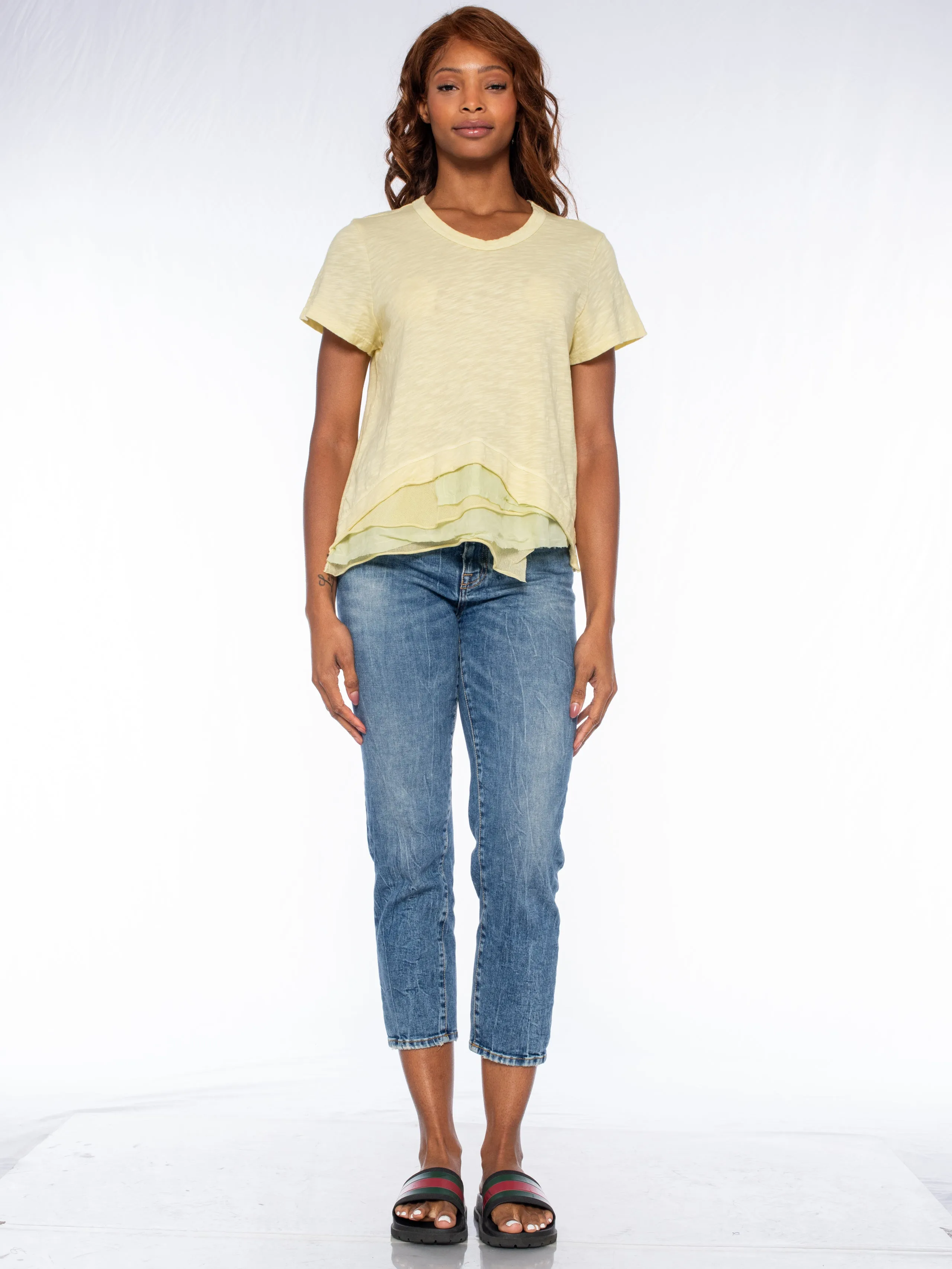 Boxy Short Sleeve Slub Crew Tee Mixed Fabric Hem