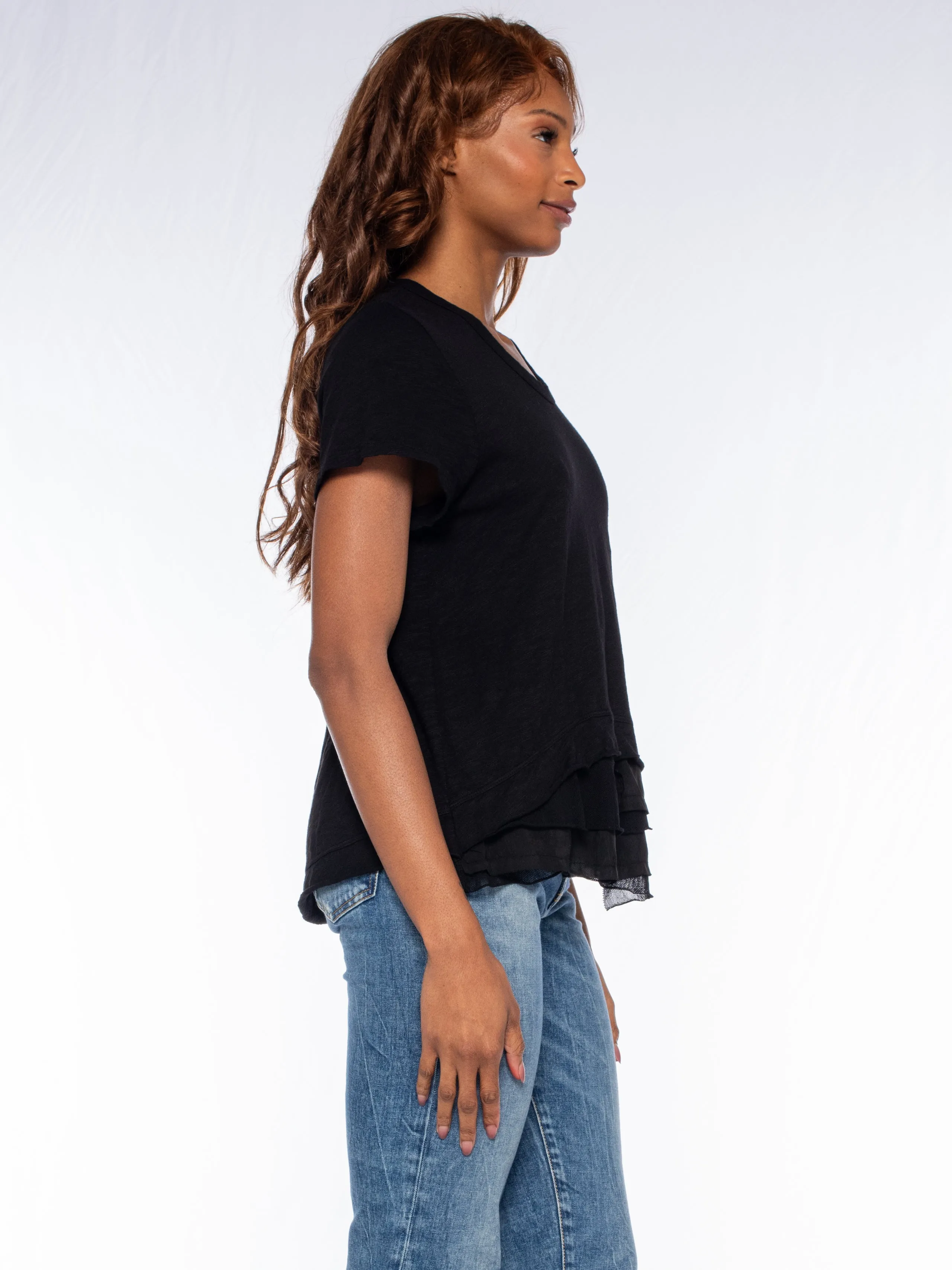 Boxy Short Sleeve Slub Crew Tee Mixed Fabric Hem