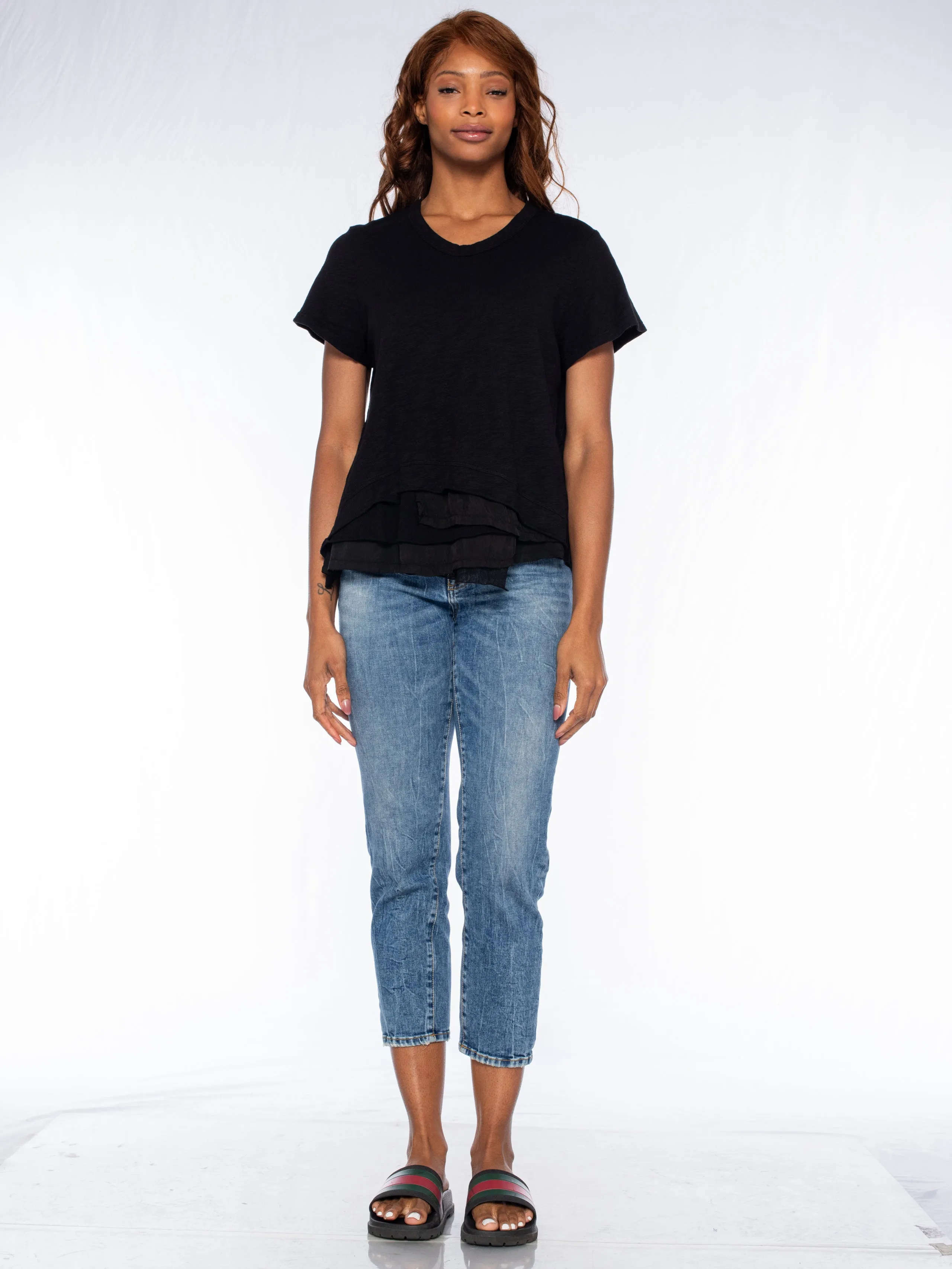 Boxy Short Sleeve Slub Crew Tee Mixed Fabric Hem
