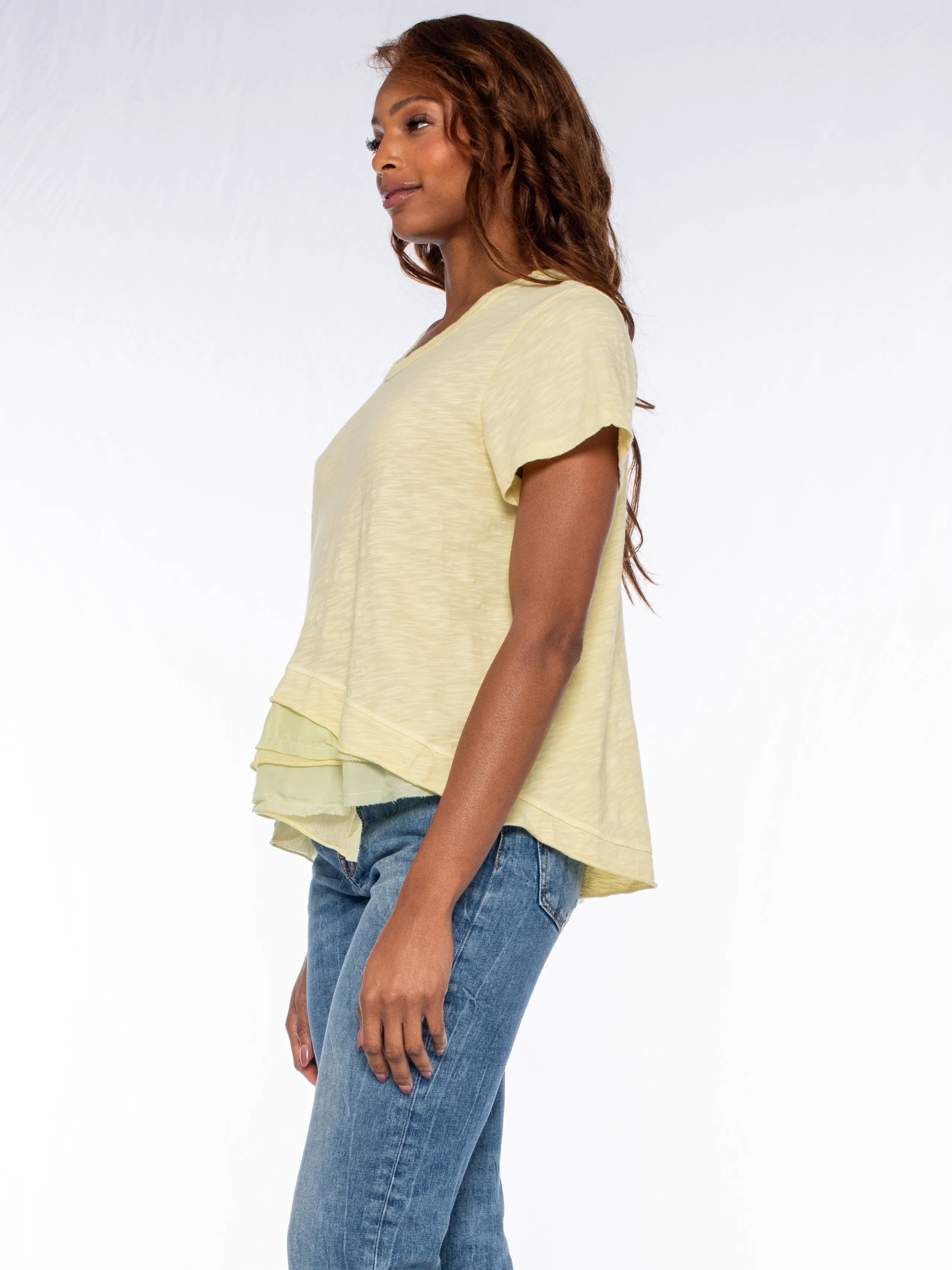 Boxy Short Sleeve Slub Crew Tee Mixed Fabric Hem