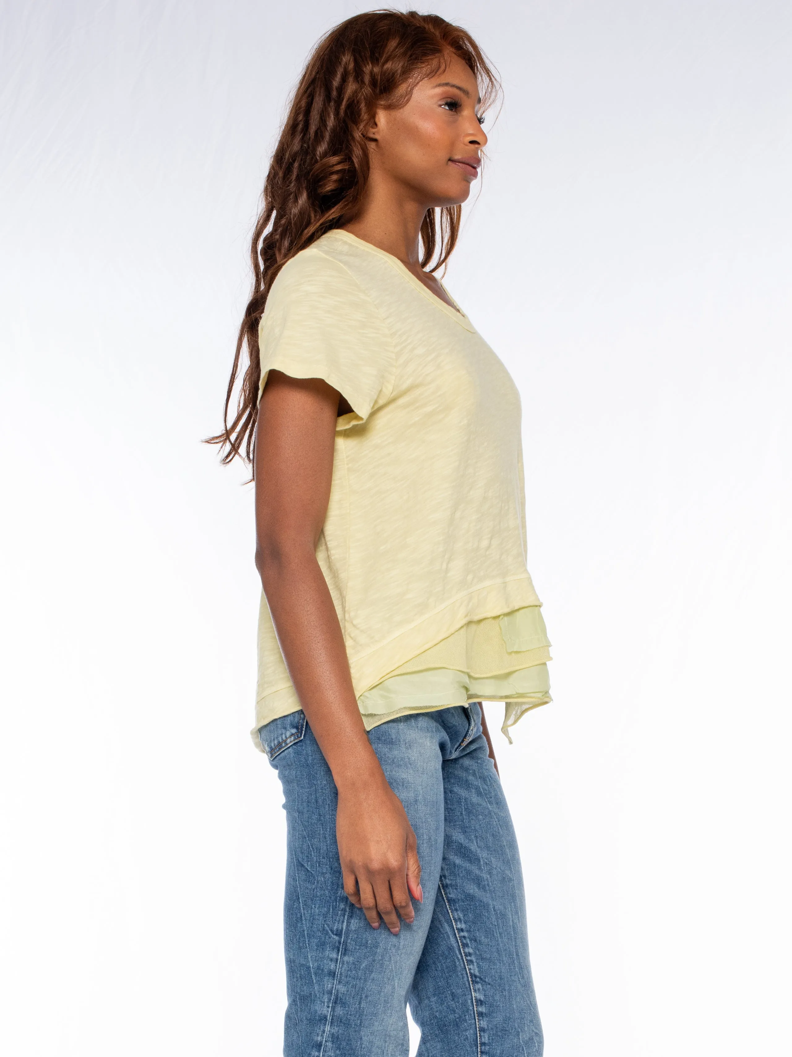Boxy Short Sleeve Slub Crew Tee Mixed Fabric Hem