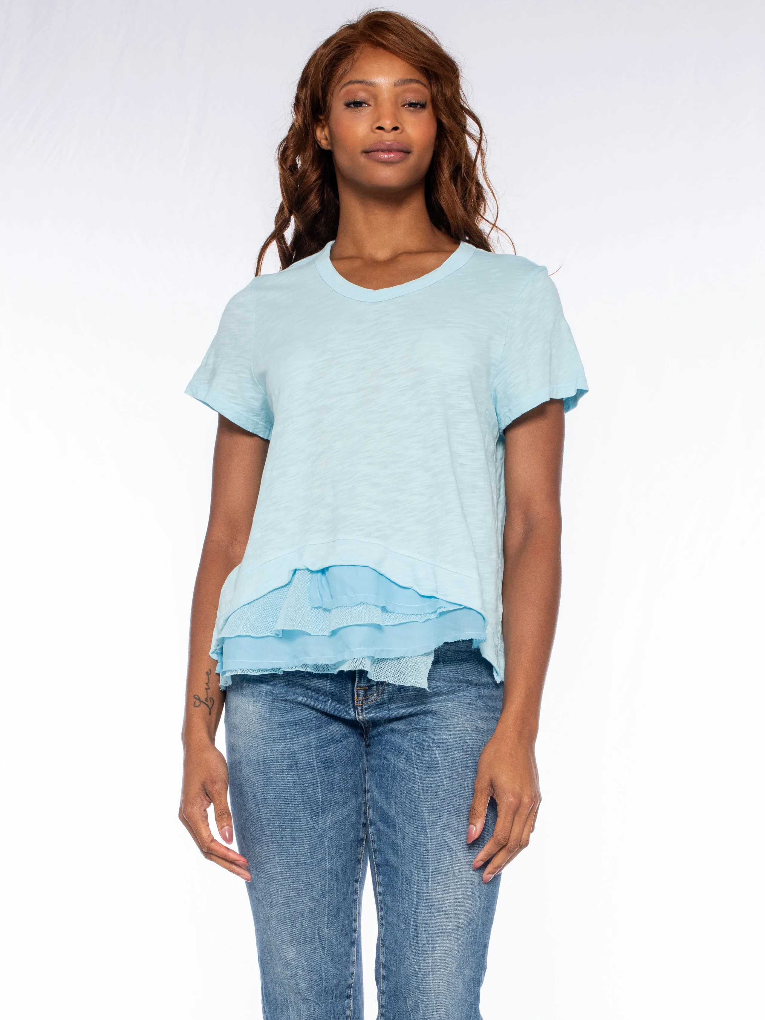 Boxy Short Sleeve Slub Crew Tee Mixed Fabric Hem