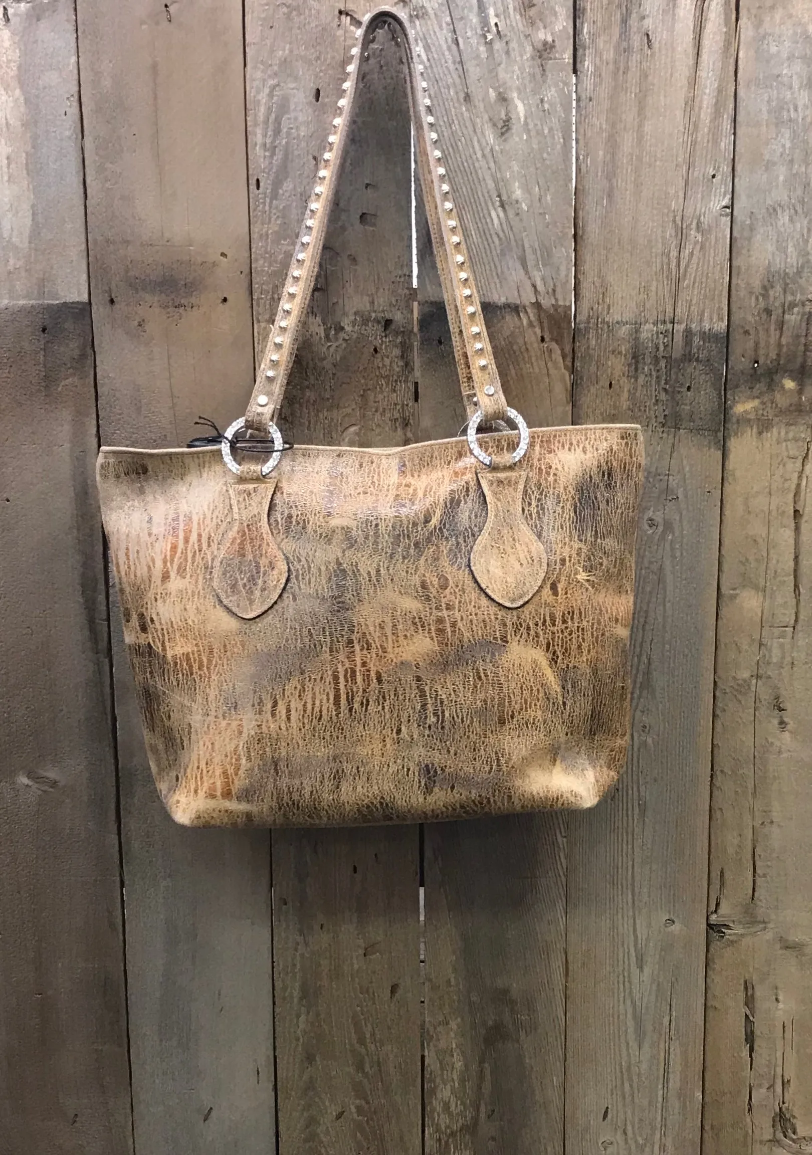 Brown Leather With Leopard Hair And Conchos Handbag