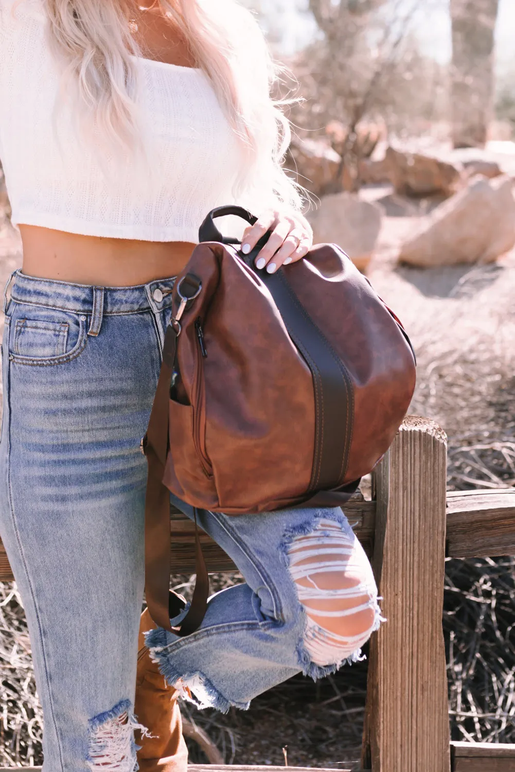 Brown Multifunctional Retro Faux Leather Backpack