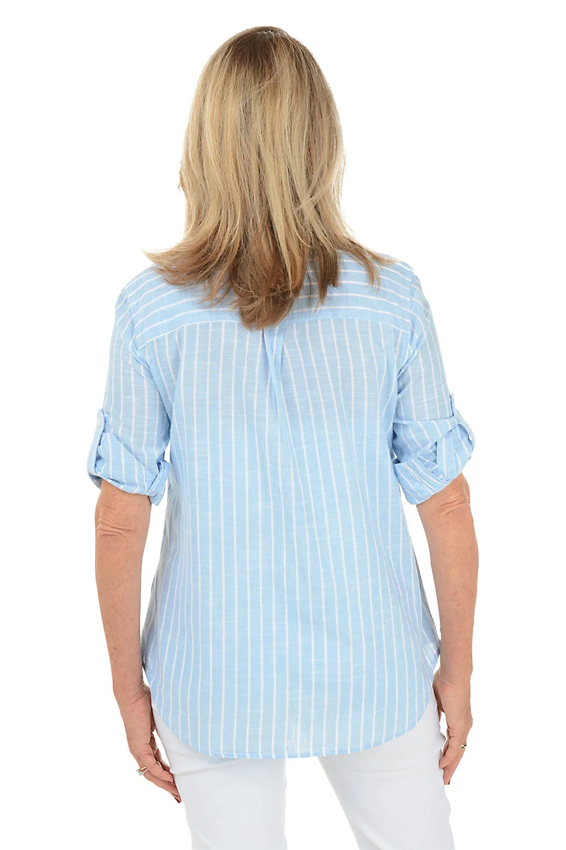 Chambray Striped Cotton Roll Sleeve Shirt