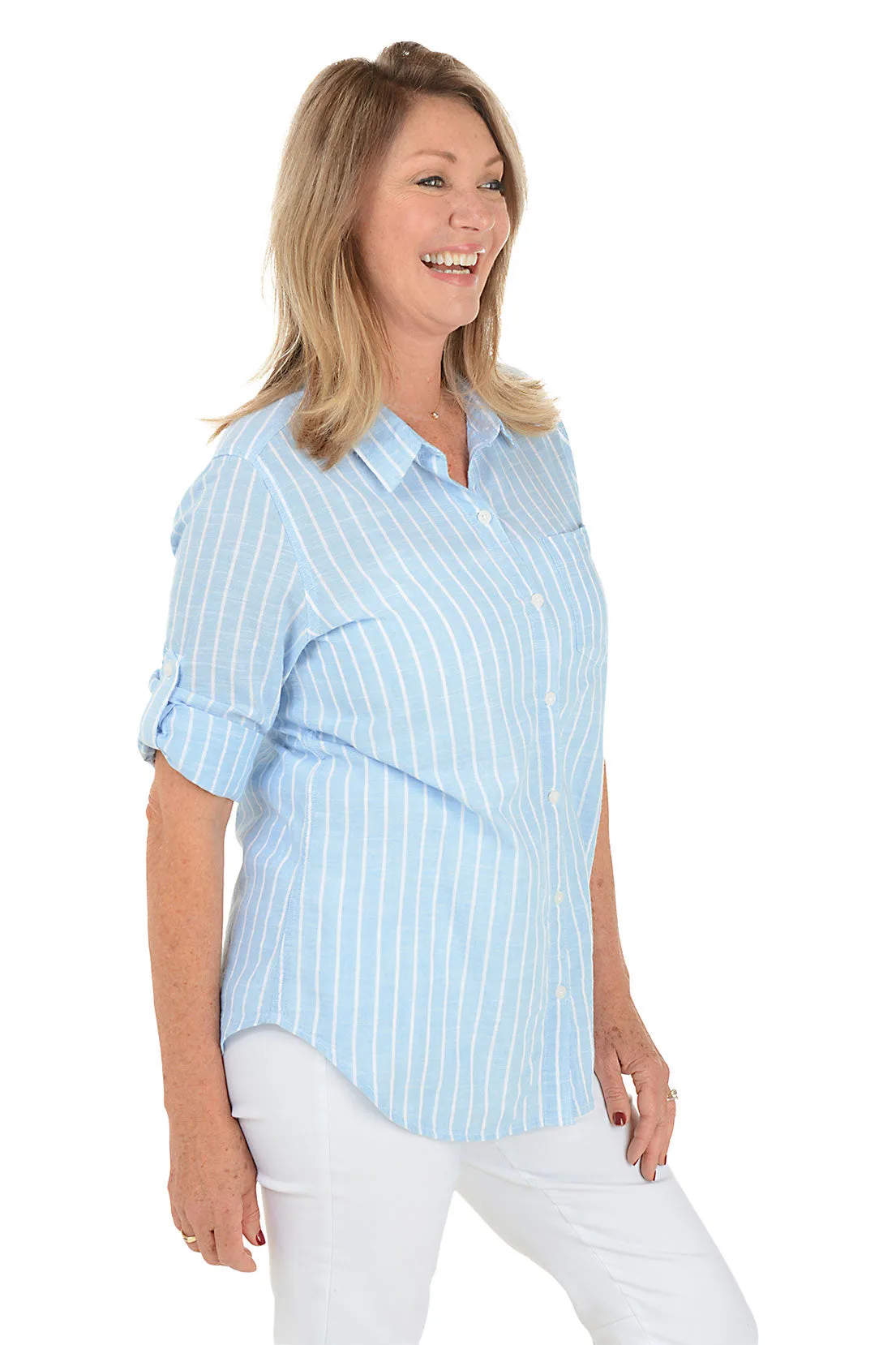 Chambray Striped Cotton Roll Sleeve Shirt