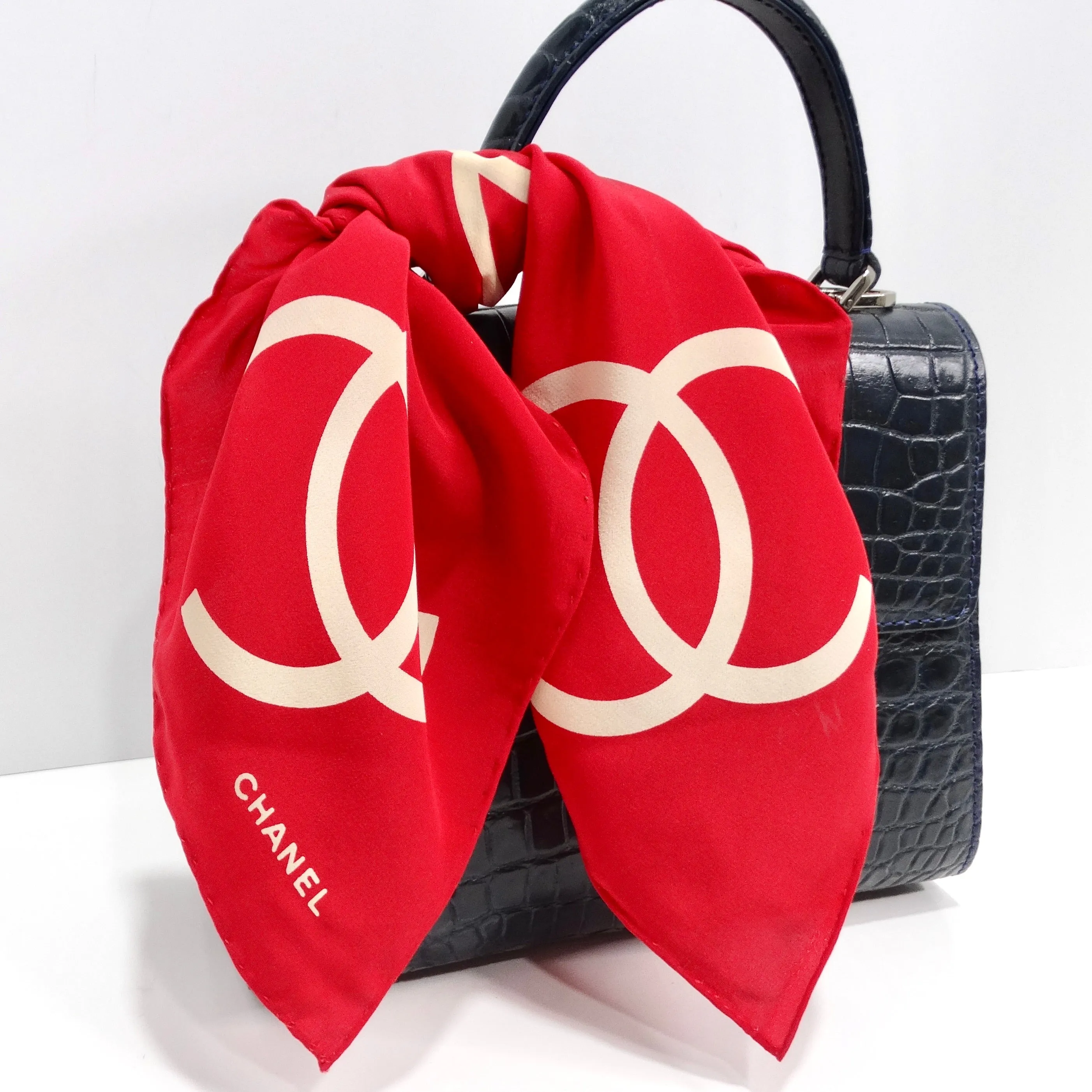 Chanel 1990s Red Silk Printed Petite Scarf