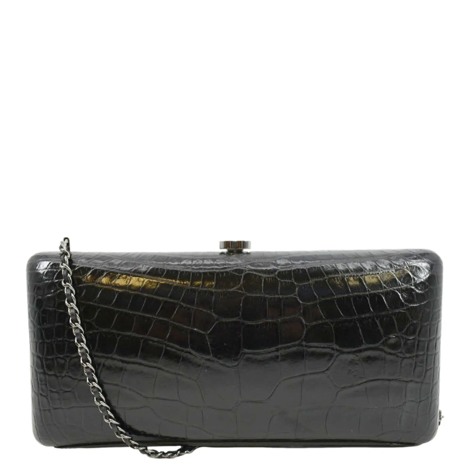 CHANEL Chain Alligator Leather Clutch Bag Black