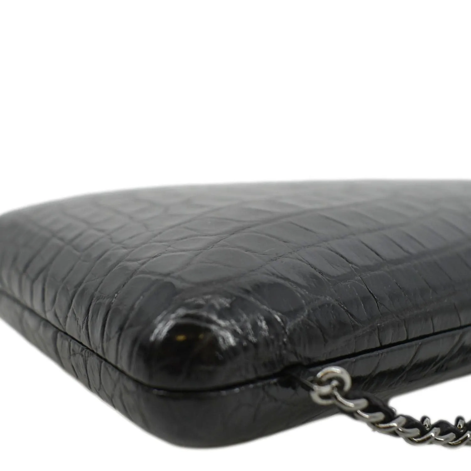 CHANEL Chain Alligator Leather Clutch Bag Black