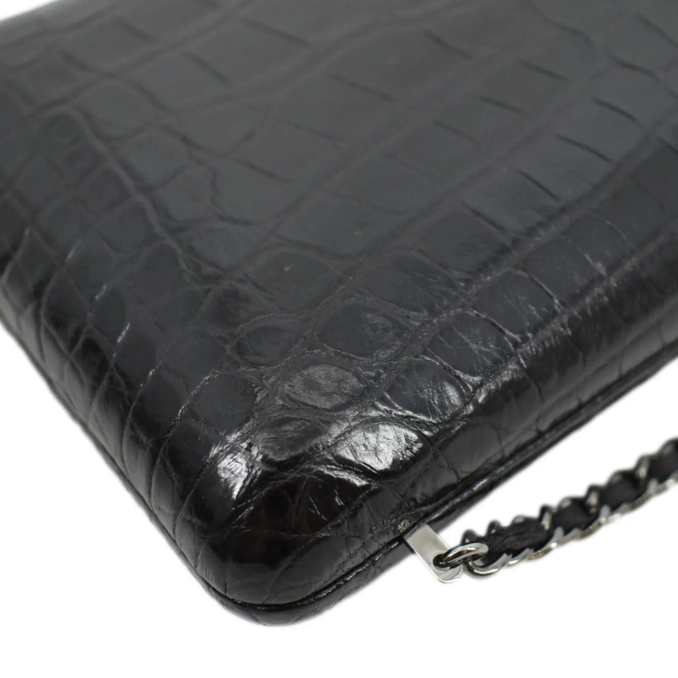 CHANEL Chain Alligator Leather Clutch Bag Black