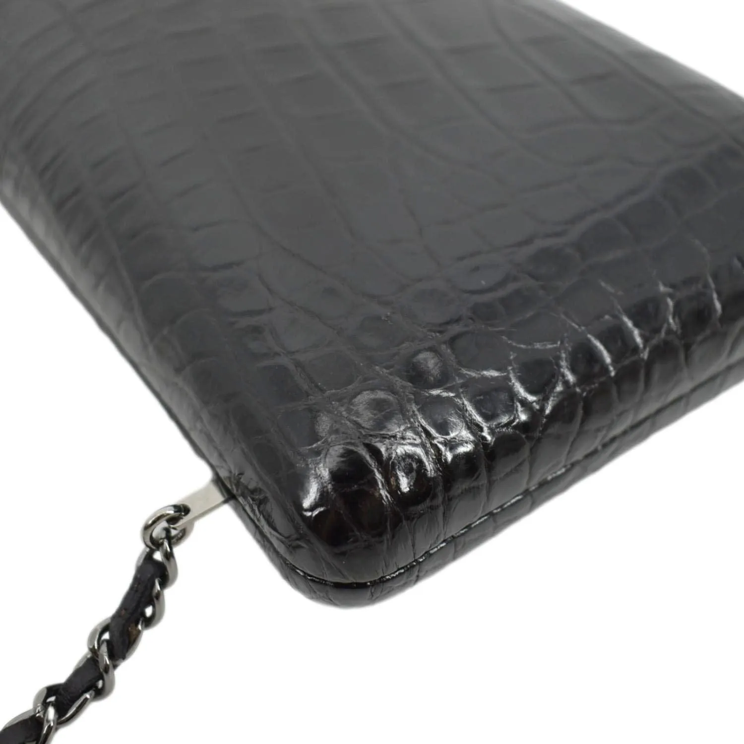 CHANEL Chain Alligator Leather Clutch Bag Black
