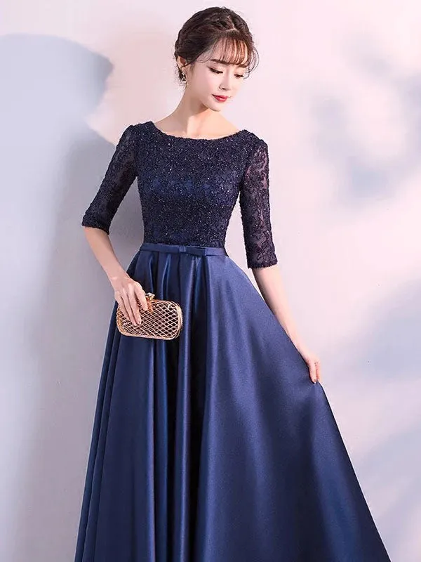Charming Evening Dresses Dark Navy Long evening dress Lace Satin Bow Sash Half Sleeve Formal Gowns