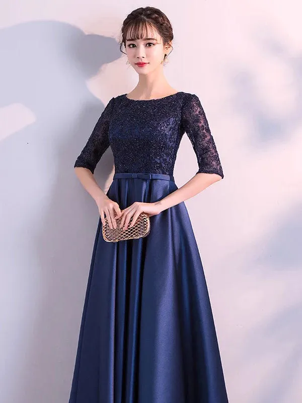 Charming Evening Dresses Dark Navy Long evening dress Lace Satin Bow Sash Half Sleeve Formal Gowns