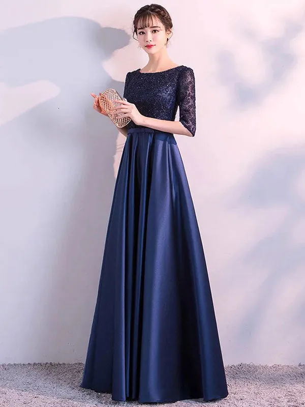 Charming Evening Dresses Dark Navy Long evening dress Lace Satin Bow Sash Half Sleeve Formal Gowns