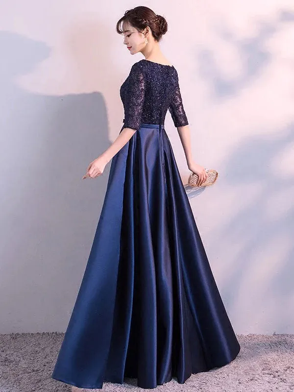 Charming Evening Dresses Dark Navy Long evening dress Lace Satin Bow Sash Half Sleeve Formal Gowns
