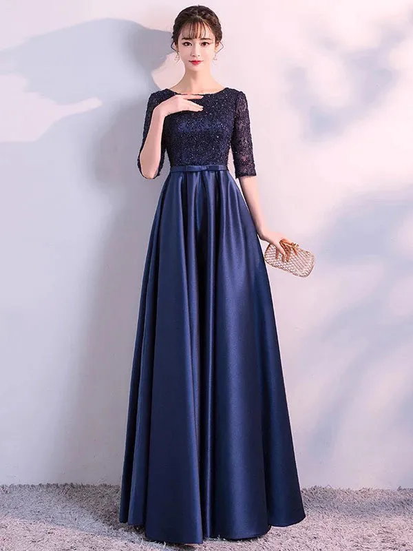 Charming Evening Dresses Dark Navy Long evening dress Lace Satin Bow Sash Half Sleeve Formal Gowns