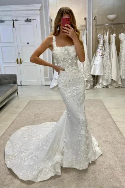 Chic Long A-Line Lace Sleeveless Appliques Wedding Dresses with Detachable Train