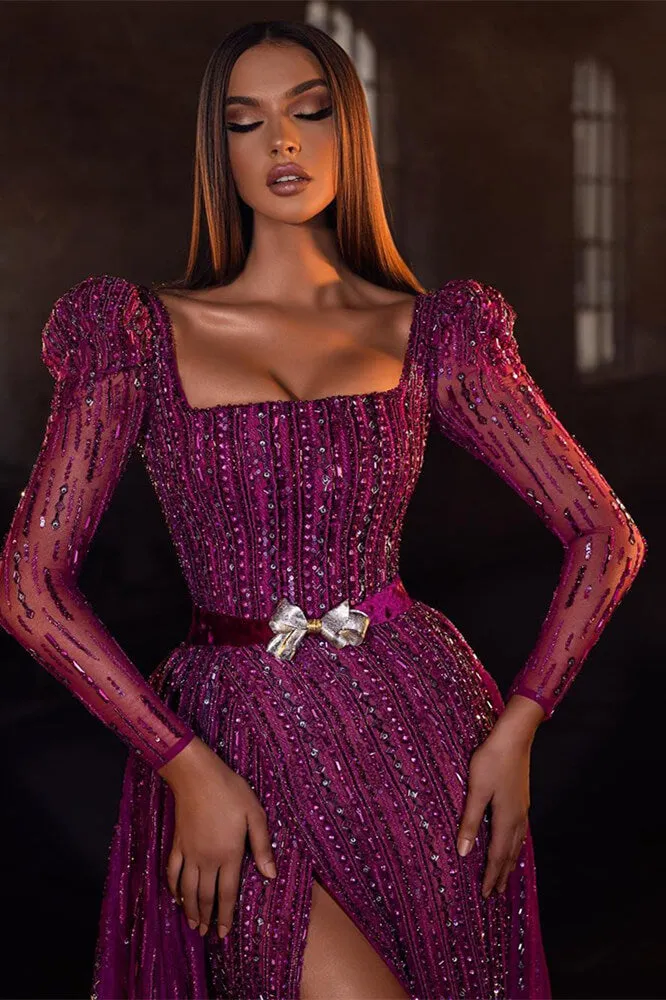 Chic Purple Square Prom Dress Mermaid Long Sleeves Beadings With Split