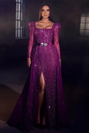 Chic Purple Square Prom Dress Mermaid Long Sleeves Beadings With Split