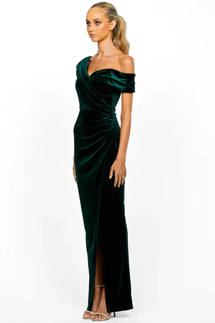 Ciara Off Shoulder Gown in Emerald Green by Bariano - RENTAL