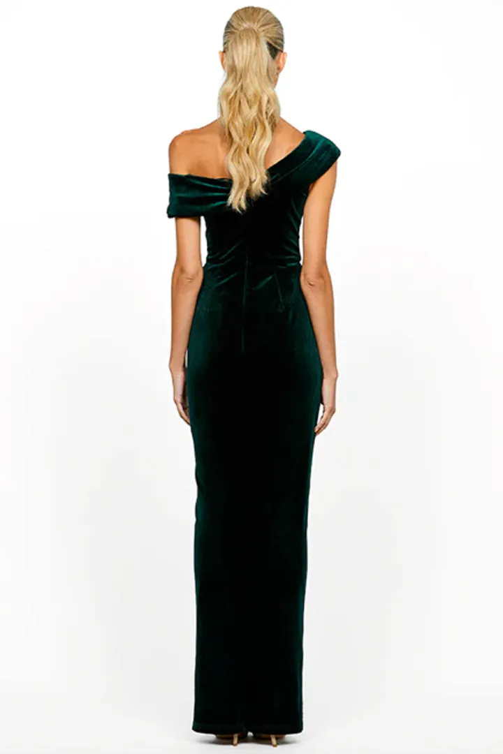 Ciara Off Shoulder Gown in Emerald Green by Bariano - RENTAL