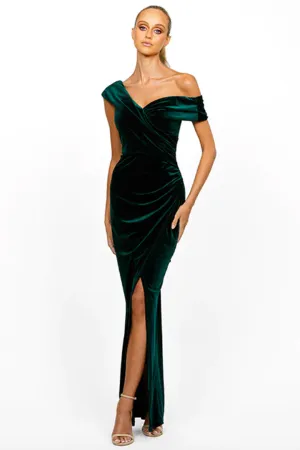 Ciara Off Shoulder Gown in Emerald Green by Bariano - RENTAL