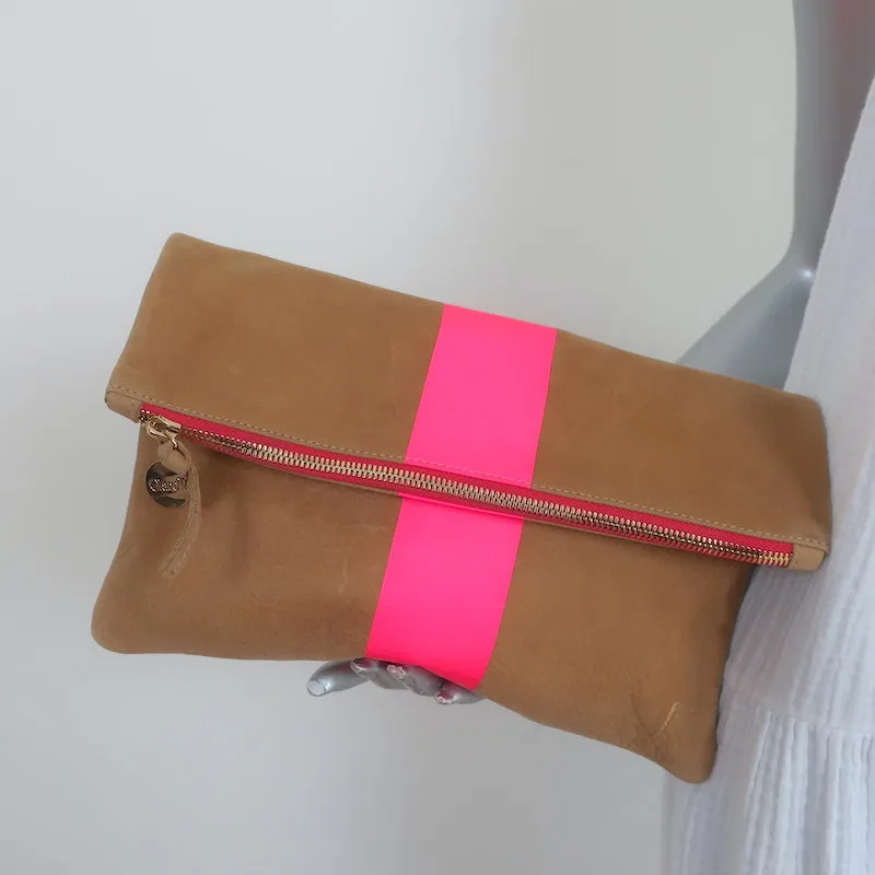 Clare V. Foldover Clutch Bag Camel Leather with Neon Pink Stripe