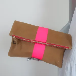 Clare V. Foldover Clutch Bag Camel Leather with Neon Pink Stripe