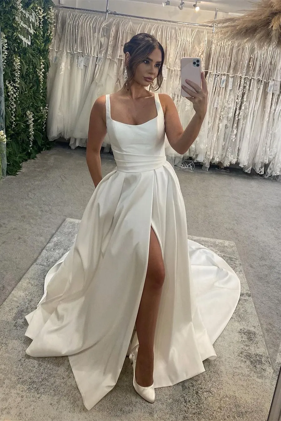 Classic Long Ivory A-line Straps Satin Sleeveless Backless Wedding Dress With Slit