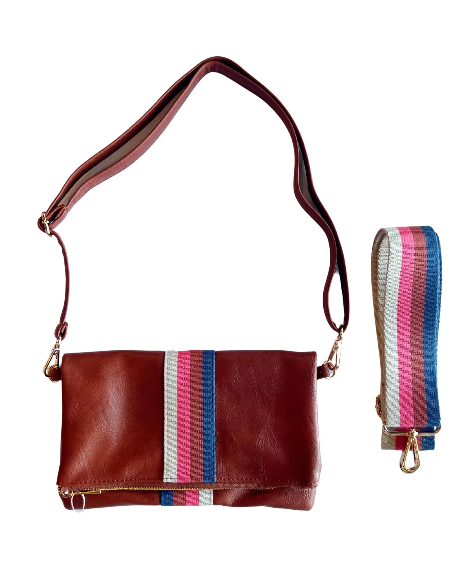 Cognac   Multi Stripe Vegan Crossbody, Belt Bag   Clutch