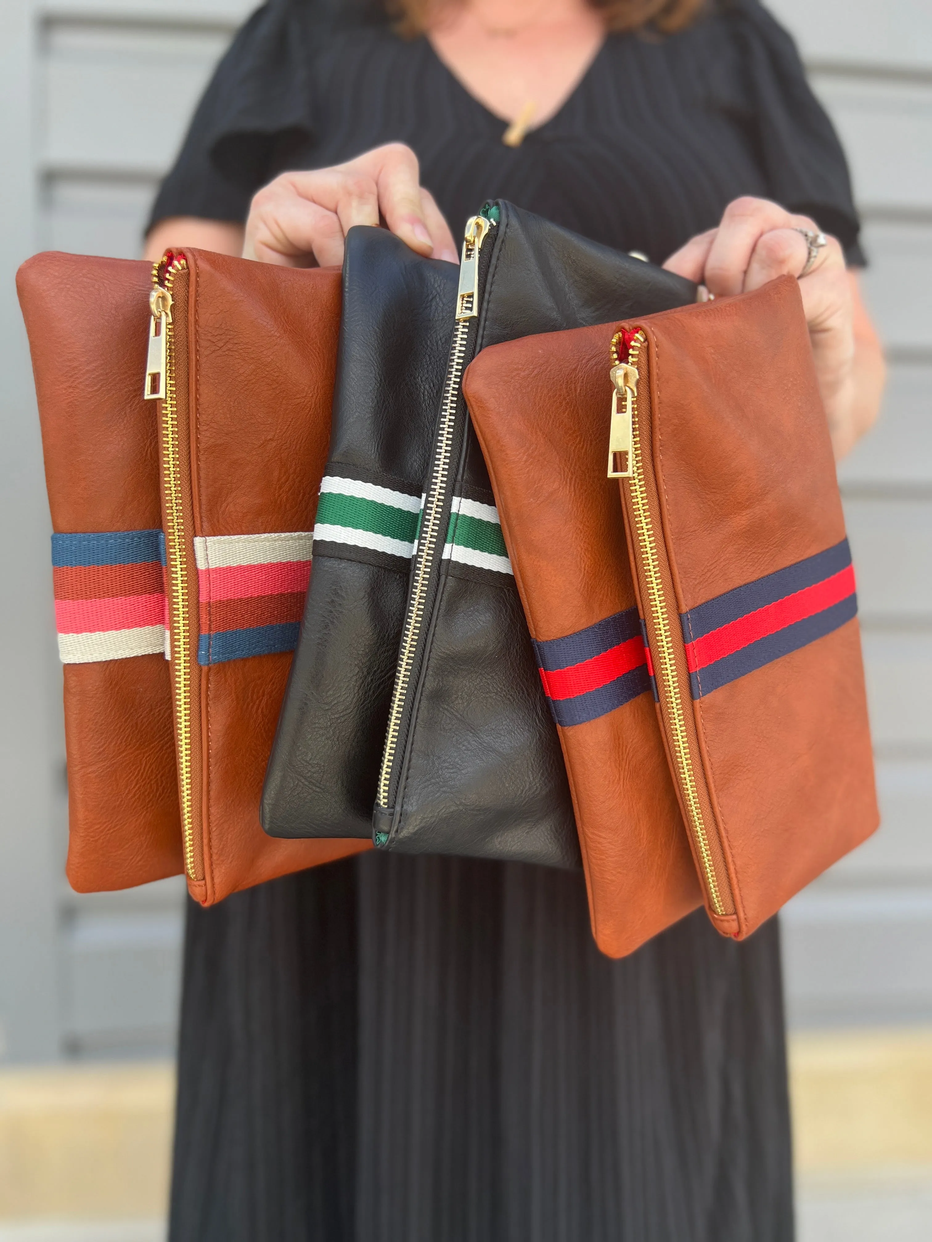 Cognac   Multi Stripe Vegan Crossbody, Belt Bag   Clutch