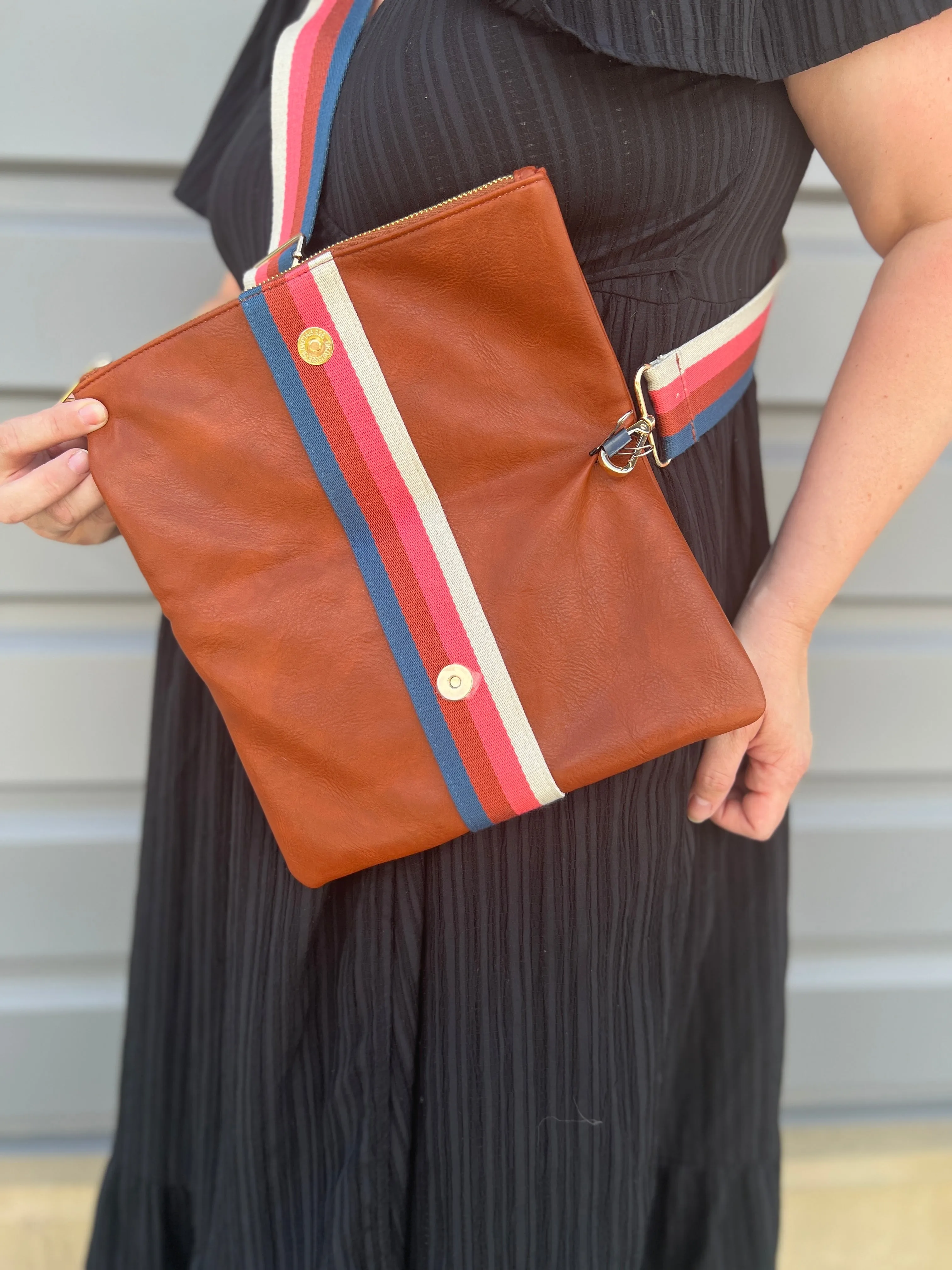 Cognac   Multi Stripe Vegan Crossbody, Belt Bag   Clutch
