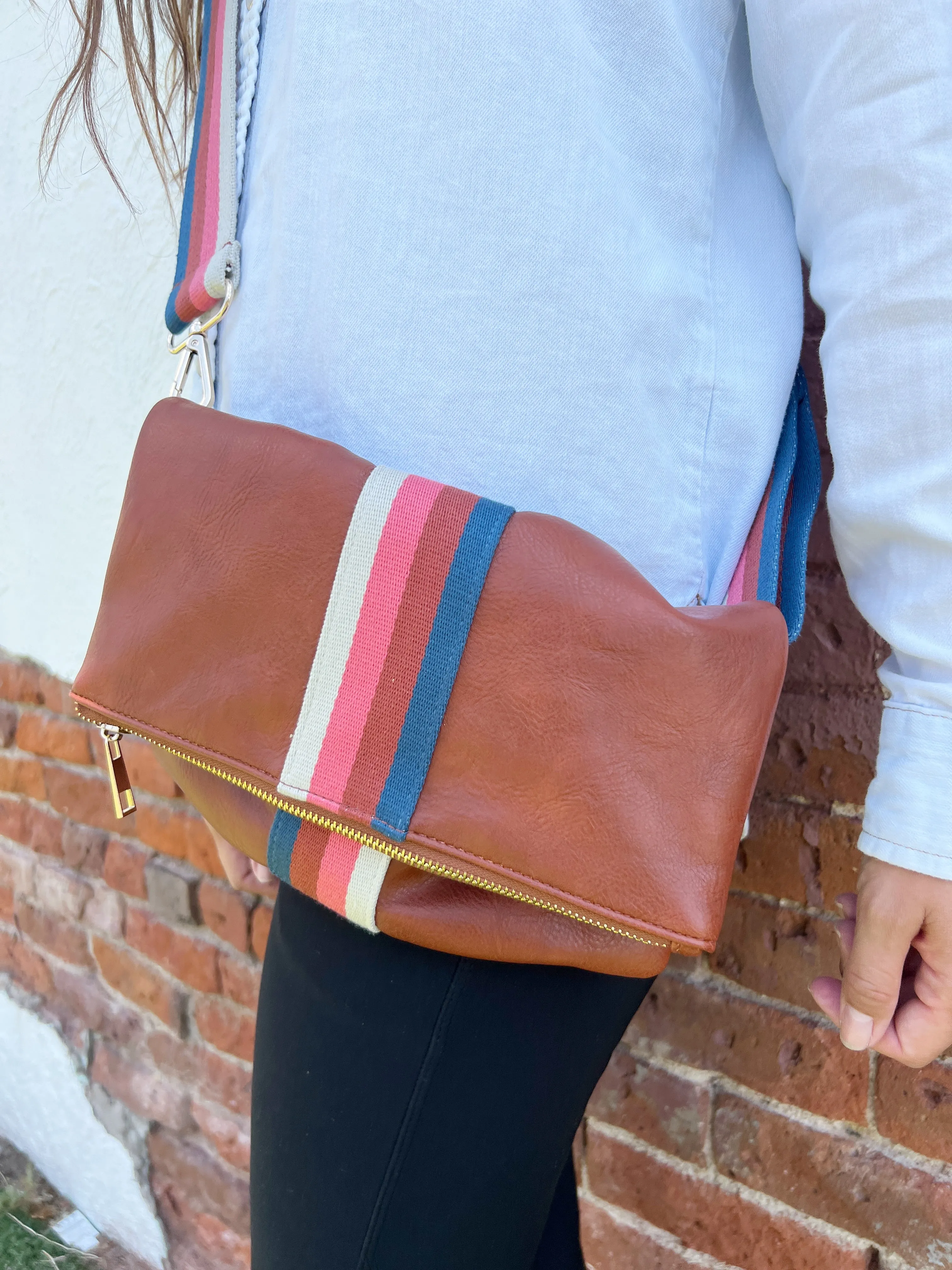 Cognac   Multi Stripe Vegan Crossbody, Belt Bag   Clutch